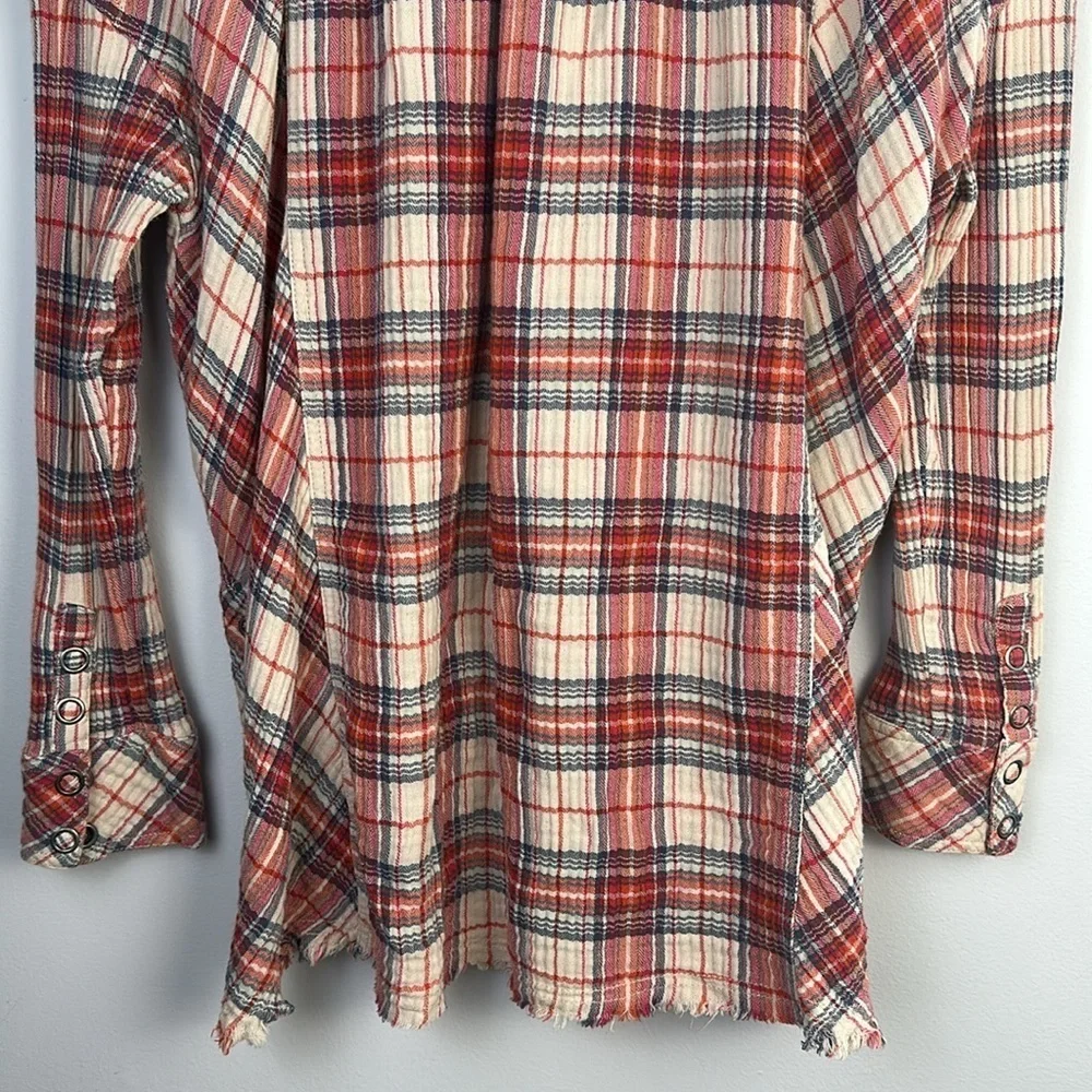 Free People Juniper Ridge Plaid Cotton Shirt Shacket Small Raw Hem Relaxed Fit